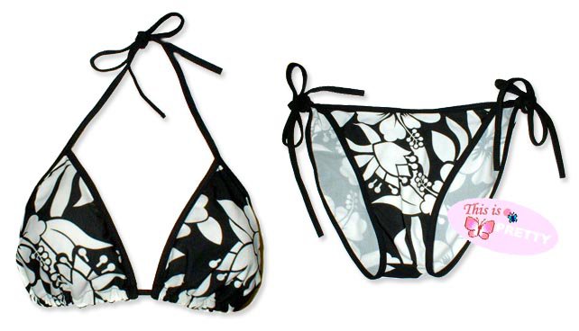New Black White Tropical String Bikini Top & Matching Tie Sides Bottom