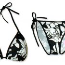 New Black White Tropical String Bikini Top & Matching Tie Sides Bottom