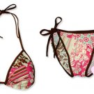 New Brown Pink-Yellow Tropical String Bikini Top & Matching Tie Sides Bottom