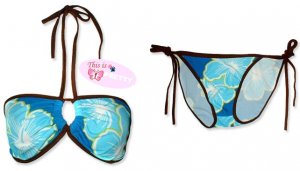 New Brown Blue Tropical String Bandeau Bikini Top & Matching Tie Sides Bottom