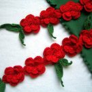 Hand-crochetted fresh red peachblossom flowers scarf with green leaves