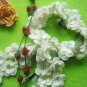 Hand-crochetted white peachblossom flowers scarf with green leaves