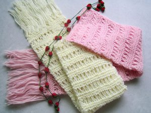 Hand-knitted beautiful pair pink and cream white  long scarf