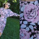 Vtg 80s RUCHED Batwing Dress SKINNY CUT Black Pink XS S