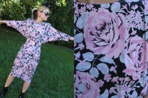 Vtg 80s RUCHED Batwing Dress SKINNY CUT Black Pink XS S