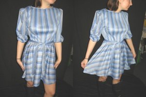 Vtg MiNi DReSS STRIPE MICRO PLEAT MoD FLaRy GiRLy grey blue S M free s/h *