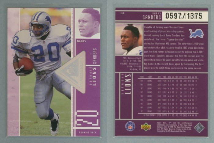 1998 SPx Finite Spectrum # 110 BARRY SANDERS Playmakers #d 0597 of 1375 -- MINT