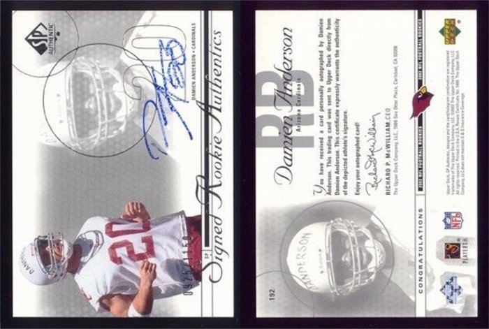 2002 SP Authentic # 192 DAMIEN ANDERSON Auto RC #d 0925 of 1150 -- MINT