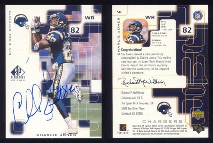 1999 SP Signature Edition Auto # SD CHARLIE JONES Chargers -- MINT