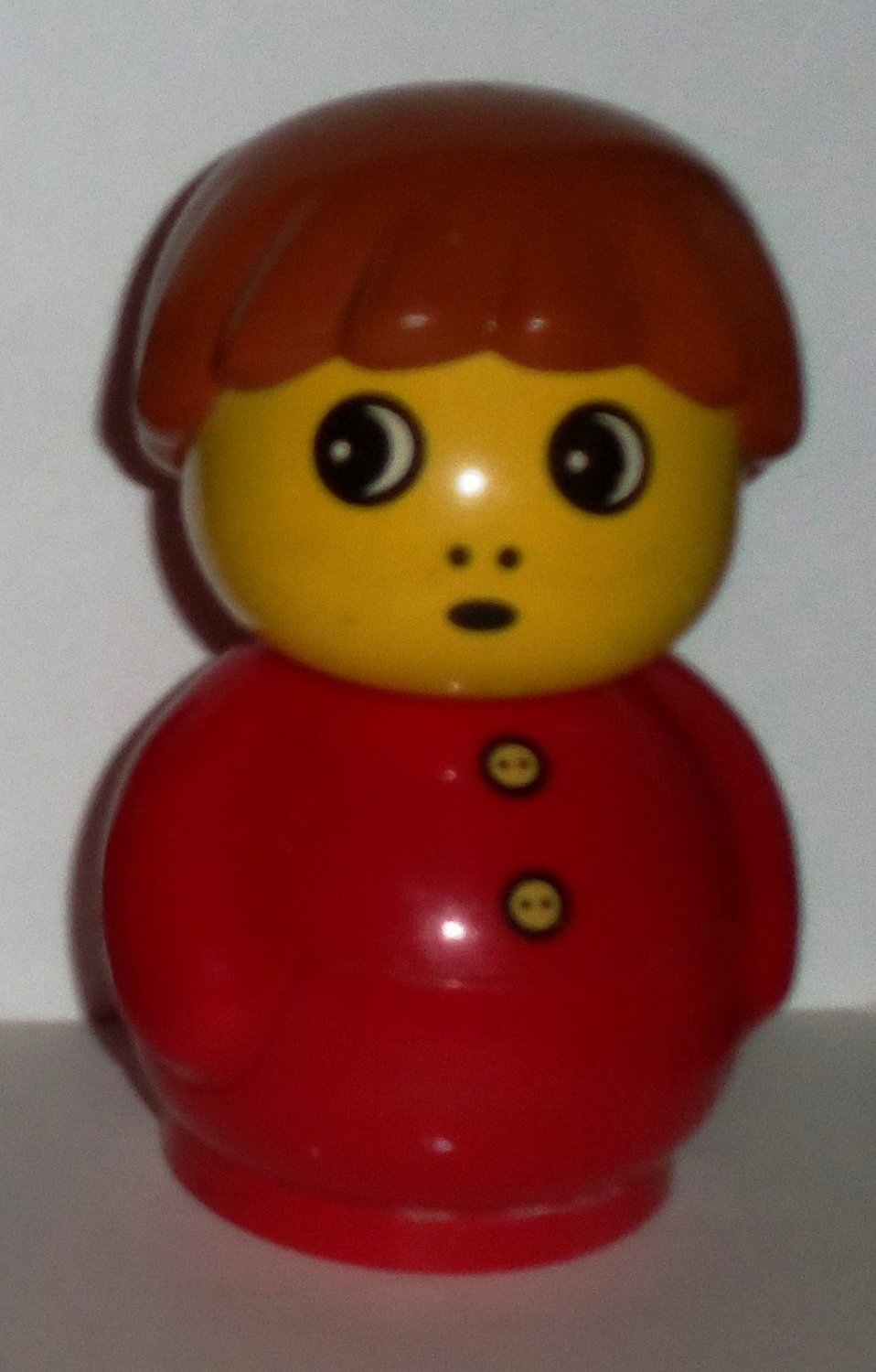 Lego Duplo Primo Figure Boy Red Base Top Two Buttons Brown Hair Loose Used