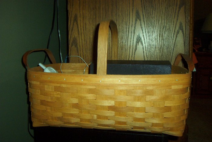 Henn Workshops shaker herb basket 1 stationary handle & 2 leather loop handles in fruitwood