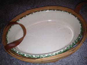 Gerald E Henn Workshops 10" oval baker open weave basket & cranberry sponged pottery set