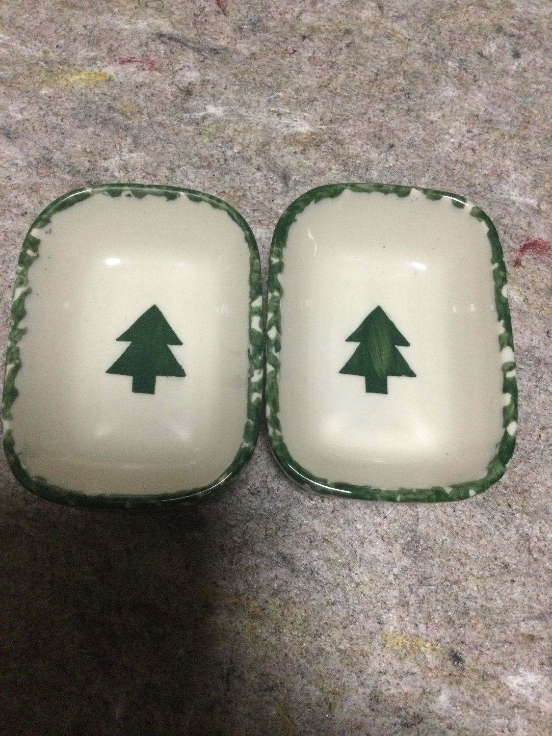 Henn Workshops green sponged treat (relish) dish with cream center with tree set of 2