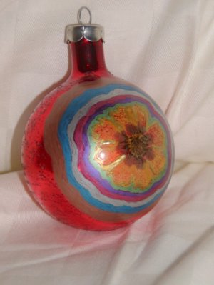HandCrafted Red Glass Cmas Ball Ornament w/Flower wrapped in colors Design Price: 3.95