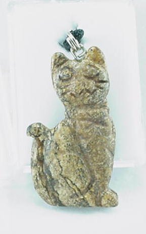 Hand Carved Picture Jasper Cat Pendant Necklace