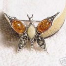 Tri Color Amber Sterling Silver Butterfly Pin