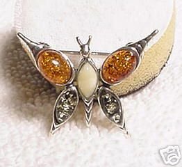 Tri Color Amber Sterling Silver Butterfly Pin