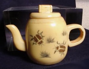 Handcarved Miniature Ox Bone Teapot Inlaid Scarabs