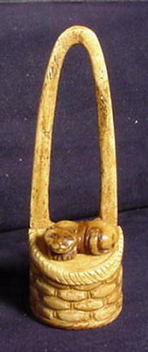 Hand Carved Bovine Cow Bone Cat on Basket Trinket Box