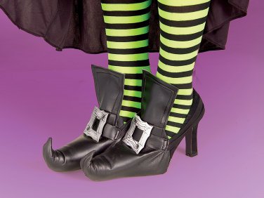 Black Vinyl Witch Shoe Covers with Faux Gold Buckles Halloween Costume Accessory