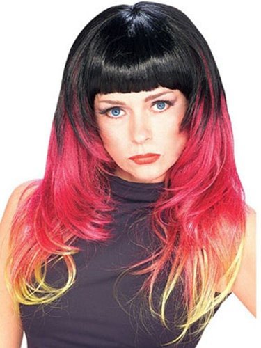 Womens Long Multi-Colored Ombre Wig with Black Red & Blonde Highlights Costume Accessory