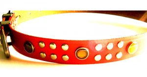 EMMANUEL RED LEATHER STONE STUDDED BELT WITH TOOLED SILVER BUCKLE Size S