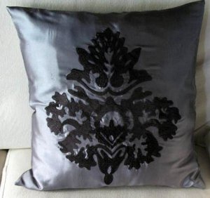 Gray and Black Damask Embroidered Cushion Cover (set of 2)