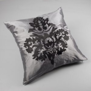 Gray and Black Damask Embroidered Cushion Cover