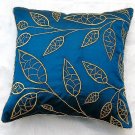 Purely  Silk Teal Blue Cushion cover with gold leaf embroidery