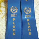 Ribbon award First Place lot of 25 1st prize blue satin with gold star letters and record card