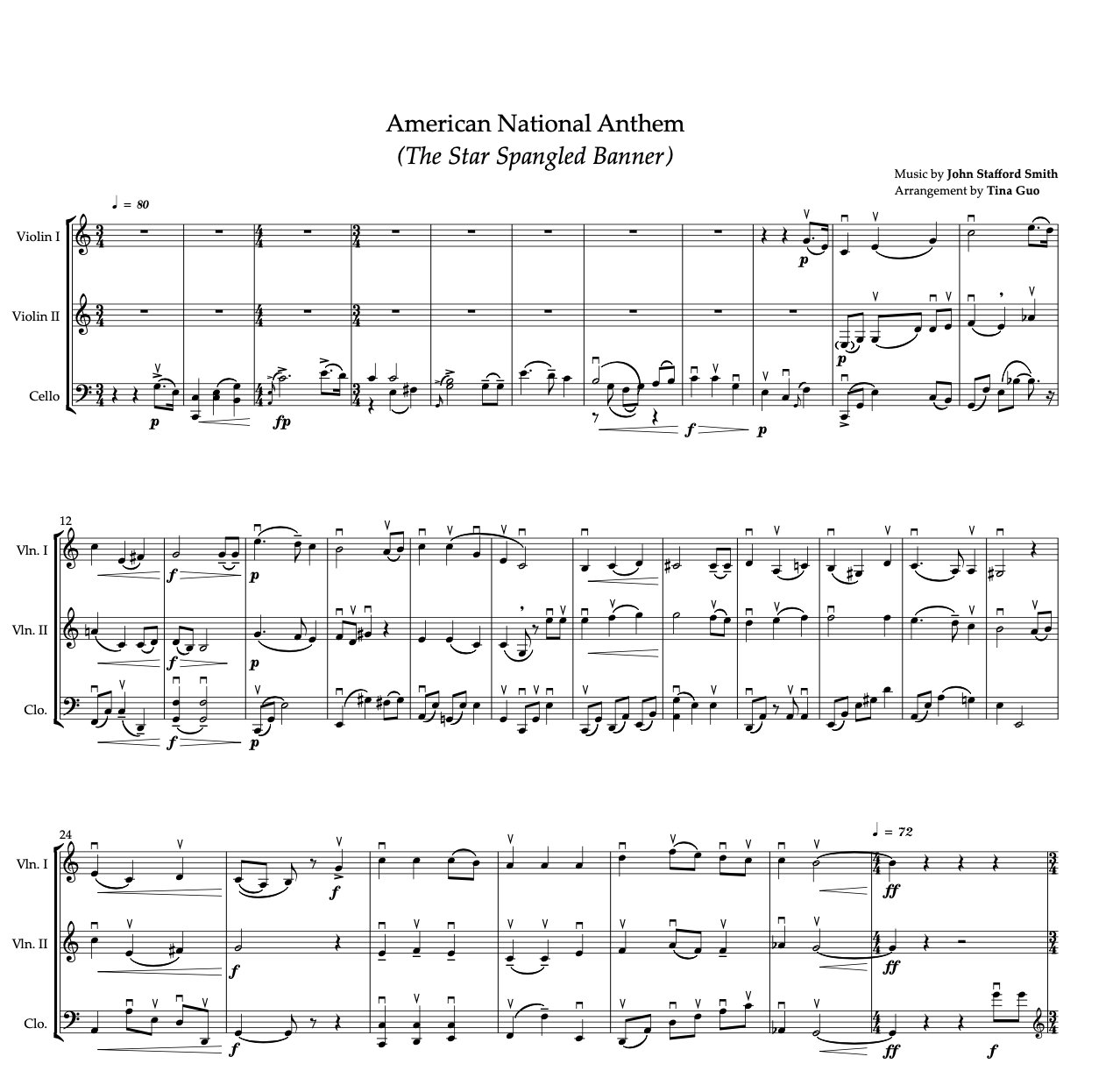 USA NATIONAL ANTHEM for 2 Violins & Cello Arr. Tina Guo