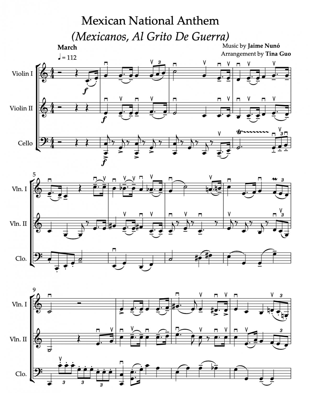 MEXICO NATIONAL ANTHEM for 2 Violins & Cello Arr. Tina Guo