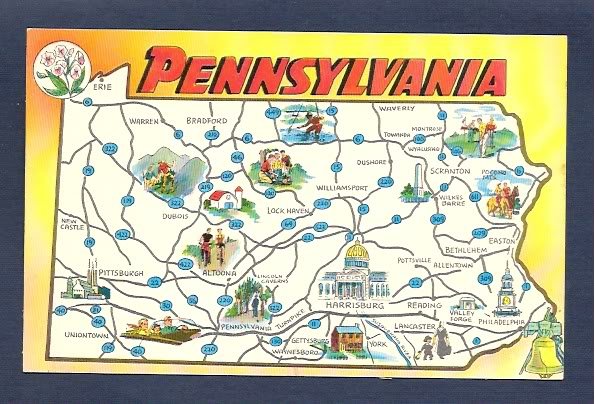 PENNSYLVANIA STATE MAP Plastichrome Tourism Vintage Unused Postcard