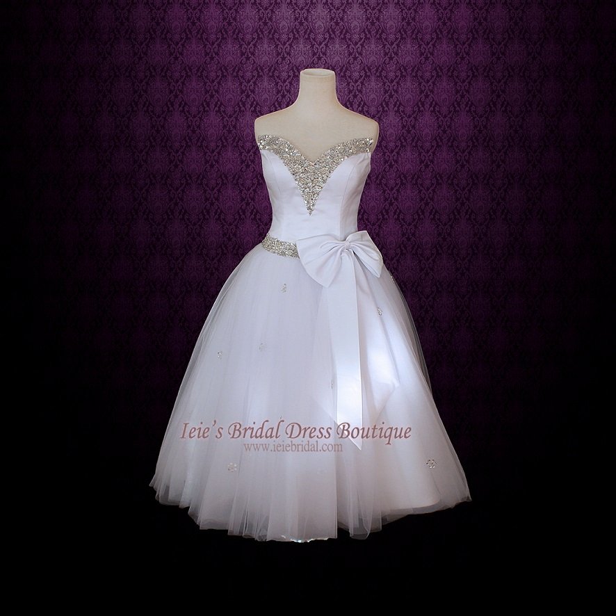 Strapless Retro 50s Tea Length Ballerina Wedding Dress with Jeweled V ...