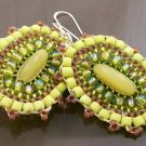 “Golden Kiwi Tart” earrings unique handcrafted lime green bead circle sterling silver dangle