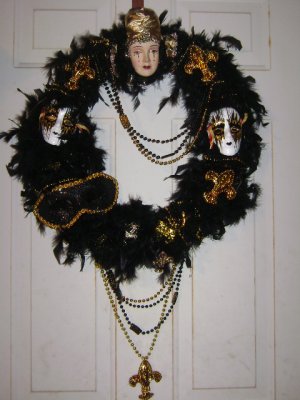 Black Feather SAINTS WREATH Fluer de Lis Beads Mask
