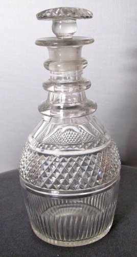Hand Cut glass 3 ring neck decanter crosscut with mushroom stopper Antique