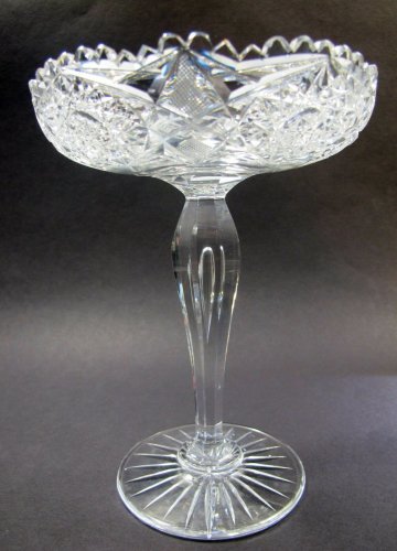 American Brilliant Period Cut Glass compote teardrop stem Antique hobstar ABP