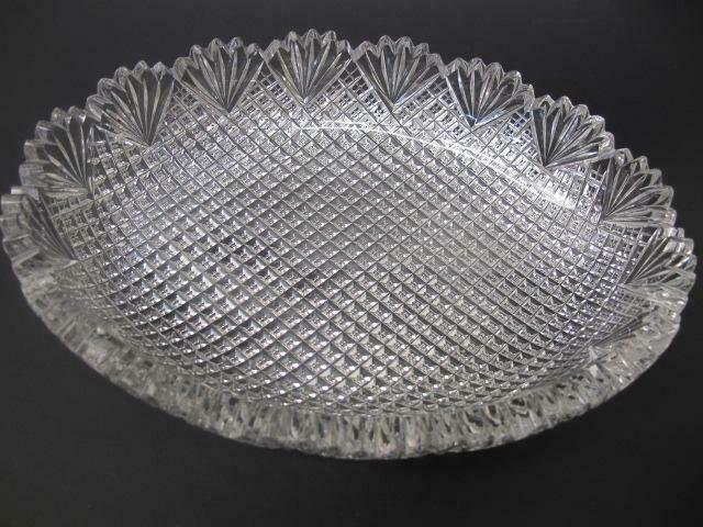 American Brilliant Period Cut Glass oval low bowl strawberry diamond fan