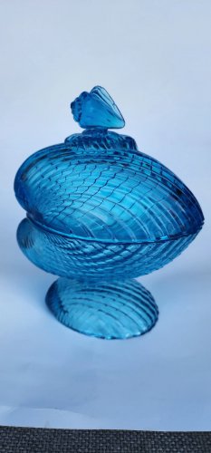 Blue Glass acorn lided candy dish