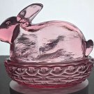 L.E. SMITH pink glass covered bunny dish