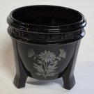 L.E Smith Glass black 3 leged vase Greek key.
