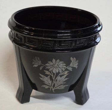 L.E Smith Glass black 3 leged vase Greek key.