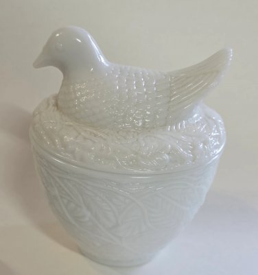 Avon milk glass bird covered candy dish