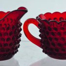 L E Smith red hobnail Glass sugar and creamer