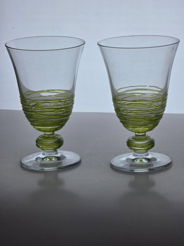 Pair Art glass green tread wine glasses