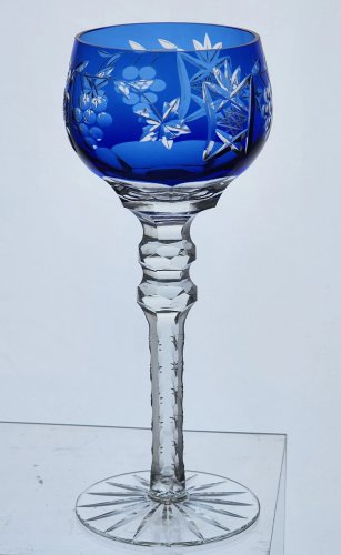 Cut to clear Cobalt glass tall wine hock grapes