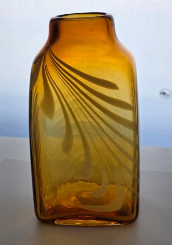 Amber Art glass white swirl square