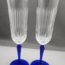 Pair Cut glass flutes blue stem Hand cut Pair Cut glass flutes blue stem Hand cut