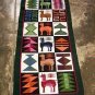 Hand-weaved colorful rug from Peru, green runner with Inca signs